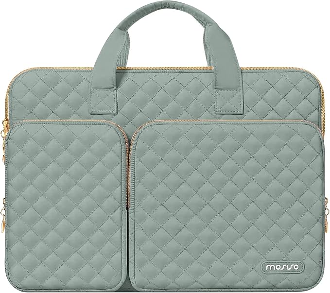 MOSISO 360 Protective Laptop Case 13.3 inch, 13-13.3 inch Laptop Sleeve Compatible with MacBook Air/Pro 13/Pro 14,HP Dell ASUS Lenovo, Square Quilted Bag Cover with 2 Pockets&Handle&Belt,Antique Green