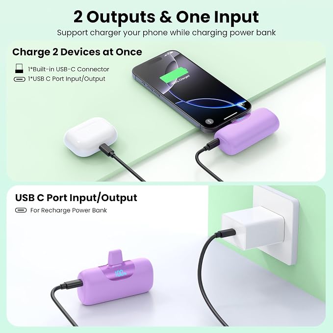 [2-Pack] 5500mAh Portable Charger for iPhone 17/16, LCD Display USB C Mini Power Bank,PDFast Charging Travel Lipstick Sized Battery Pack for iPhone 17/16/15 Pro Max, Galaxy S25/S24, Pixel(Pink+Purple)