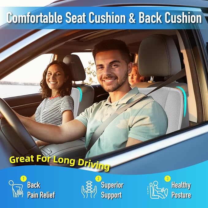 Lofty Aim Car Seat Cushion with Back Support Pillow, Comfy Lumbar Support & Seat Cushion, Memory Foam Driving Pillow for Back-Sciatica Pain Relief, Auto Pad Suitable for Car, Truck, SUV - 4D Mesh Grey