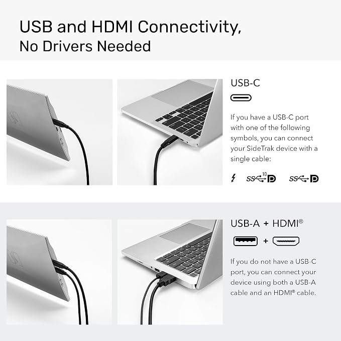 SideTrak Swivel 14" Patented Attachable Portable Monitor for Laptop | FHD TFT Laptop Dual Screen | Mac, PC & Chrome Compatible | Fits All Laptops | Powered by USB-C® or Mini HDMI (Light Silver)