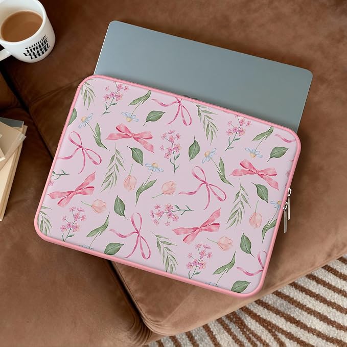 iCasso Laptop Sleeve 13 inch for MacBook Air 13-13.6 inch,Cute Laptop case for MacBook Neo/Pro 13 inch, Slim Protective Travel Carrying Case Sleeve for 14 inch Chromebook, HP, Flower Bow Pink