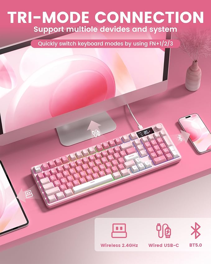 Keymatic Gaming Keyboard Wireless Creamy Keyboard with Media Knob & Screen Cute Keyboard Mechanical Feeling Membrane Keyboard with Number Pad RGB Backlit Tri-Mode BT/2.4GHz/USB-C - Pink