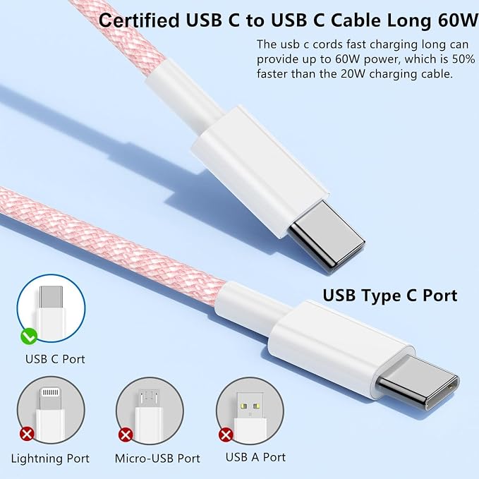 USB C to C Charger Cable 10ft, 60W Type C to C Fast Charging Cable Cord Long for Apple iPhone 17 Pro Max/17 Air/16 Pro Max/16 Pro/15 Plus/15 Pro Max/MacBook 2021/2020/2019,iPad Pro/Mini/Samsung Galaxy