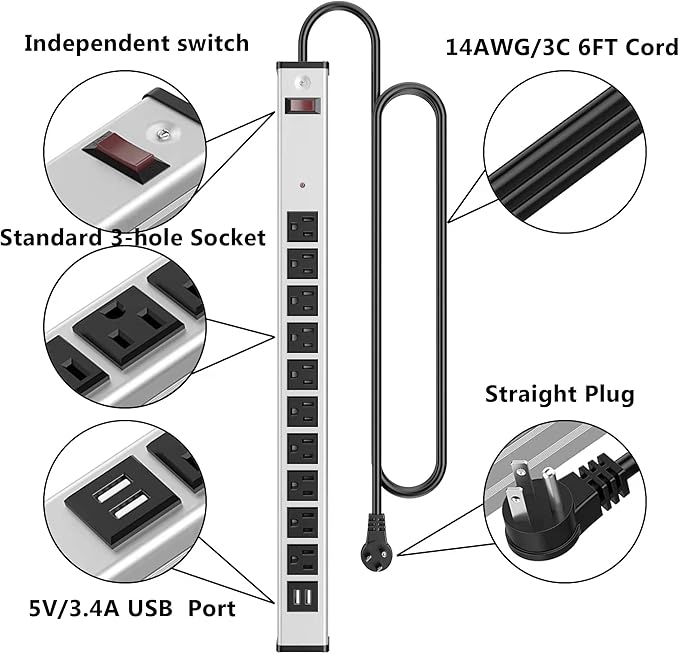 Oviitech10 Outlets Aluminum Power Strip Metal Socket Heavy Duty with 6 Ft Extension Cord, Workshop, Industrial, 15A, 125V, 1875W. Silver and Black