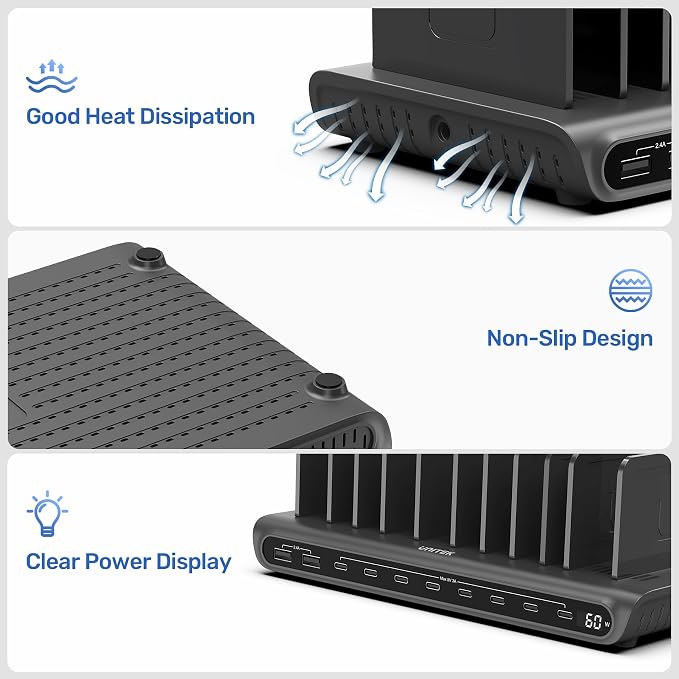 Unitek 10-Port Desktop Charging Dock Ultimate Charging Station for Multiple Devices, iPhones & Apple Products High-Speed USB Hub with LED Display for Office, Kitchen Counter, Desk Organizer