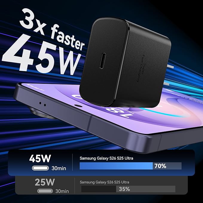 45W USB C Super Fast Charger Type C Charger Fast Charging Android Phone Charger Block with 12FT Type C Charging Cable for Samsung Galaxy S26 Ultra/S26/S26+/S25/S25 Ultra/S25+/S24 Ultra/S23 Ultra/S26