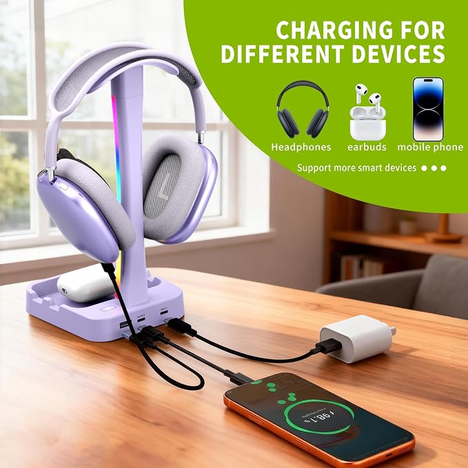Headphone Stand with Charger,Gaming Headset stand with RGB Light Mode,For Airpod Max Stand,Desk Lamp,Phone Holder,Tablet Holder,desktop organizer,Gifts for Gamers & Music Lover (Purple)