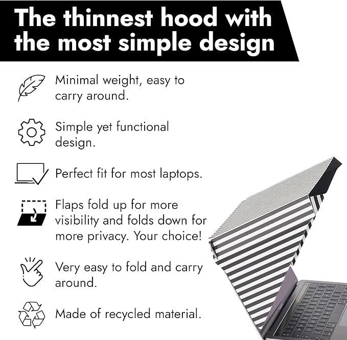 4-in-1 Laptop Screen Shade – Original Slim Hood – Sun, Privacy, Heat & Contrast Protection, Lightweight & Travel-Friendly, Fits 15–16” MacBook & PC, Patented, Striped