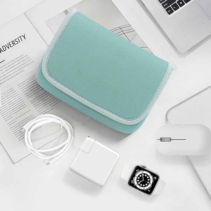 LENTION Mint Green Neoprene Tech Pouch, Portable Travel Organizer for MacBook Power Adapter, Power Bank, Charger, Cable & Small Electronics