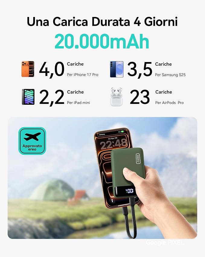INIU Smallest 20000mAh Power Bank, 22.5W PD Fast Charging Portable Charger with USB-C Cable, Flight-Safe Battery Pack for Travel & Outdoor Camping & Emergency, Mini Size for iPhone Samsung iPad, Green