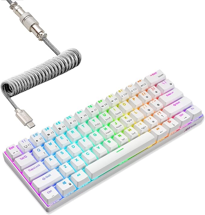 RK ROYAL KLUDGE RK61 60% Mechanical Keyboard with Coiled Cable, 2.4Ghz/Bluetooth/Wired, Bluetooth 61 Keys, Wireless RGB Hot Swappable Brown Switch Gaming Mini Keyboard with Software - White