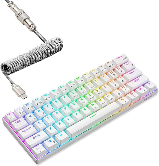 RK ROYAL KLUDGE RK61 60% Mechanical Keyboard with Coiled Cable, 2.4Ghz/Bluetooth/Wired, Bluetooth 61 Keys, Wireless RGB Hot Swappable Brown Switch Gaming Mini Keyboard with Software - White