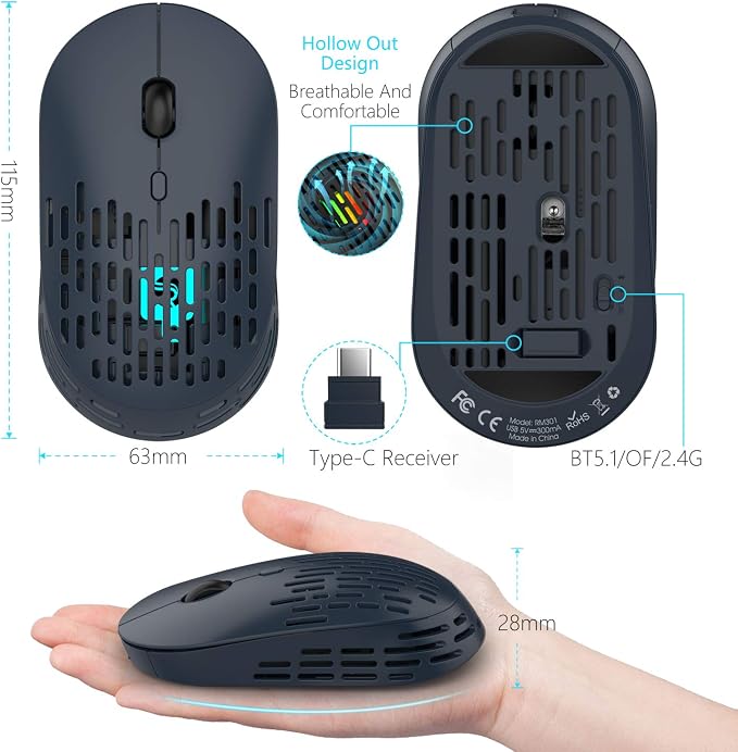 RAPIQUE Bluetooth Wireless Mouse, Dual Mode Rechargeable Silent Bluetooth Mice with 2.4G Type C Receiver for Laptop, iMac, Chromebook,MacBook pro/air and All Type-C Device (Blue)