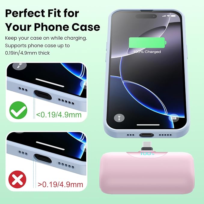 [2-Pack] 5500mAh Portable Charger for iPhone 17/16, LCD Display USB C Mini Power Bank, PD Fast Charging Travel Lipstick Sized Battery Pack for iPhone 17/16/15 Pro Max, Galaxy S25/S24, Pixel(Navy+Pink)