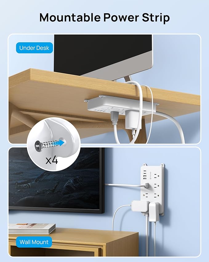 TROND 360° Rotating Plug Power Strip, ETL Listed, Flat Plug 10ft Extension Cord, 2 USB-A and 2 USB-C, Wall Mountable, 7 Widely-Spaced Outlets, 1700J Surge Protector, for Home Office Garage, White