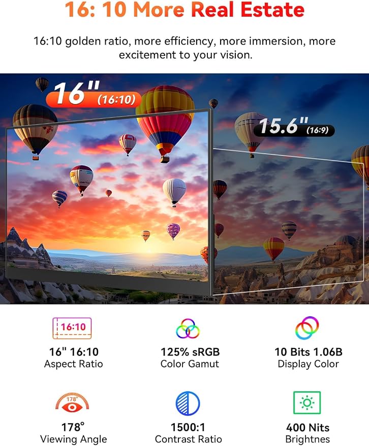 16" 2.5K Wireless Portable Monitor Battery-Powered, Support AirPlay Miracast, 2560×1600P IPS USB-C HDMI External Monitor, 2nd Screen for Laptop MacBook PC Phone Tablet, w/Built-in Battery(4- 5H)