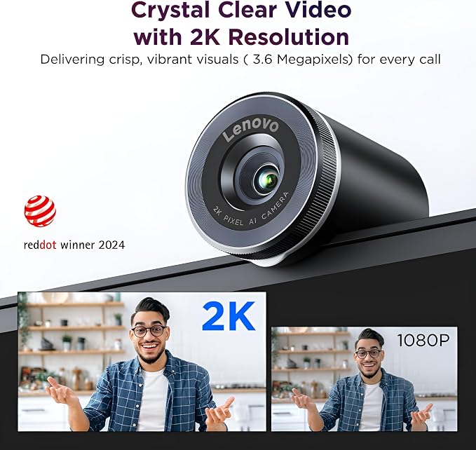 Lenovo QHD Webcam, AI Noise Cancellation and Enhanced Image Quality, 2K Resolution, 2X Digital Zoom, Physical Privacy Shutter, Directional Microphone, Teams Certified, Black
