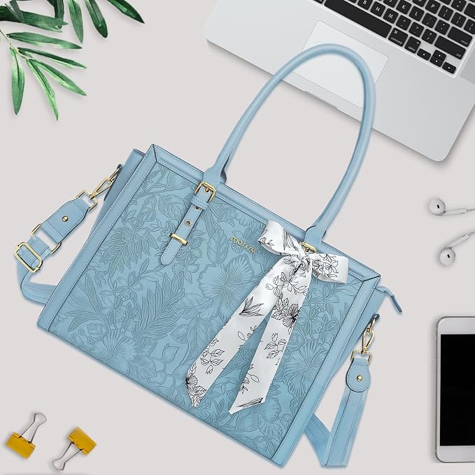 MOSISO Laptop Bag for Women, 17-17.3 inch PU Leather Tote Bag Compatible with MacBook, HP, Dell, Asus Notebook, Front Embossed Retro Hibiscus Computer Bags with Silk Scarf&Clutch Purse, Air Blue