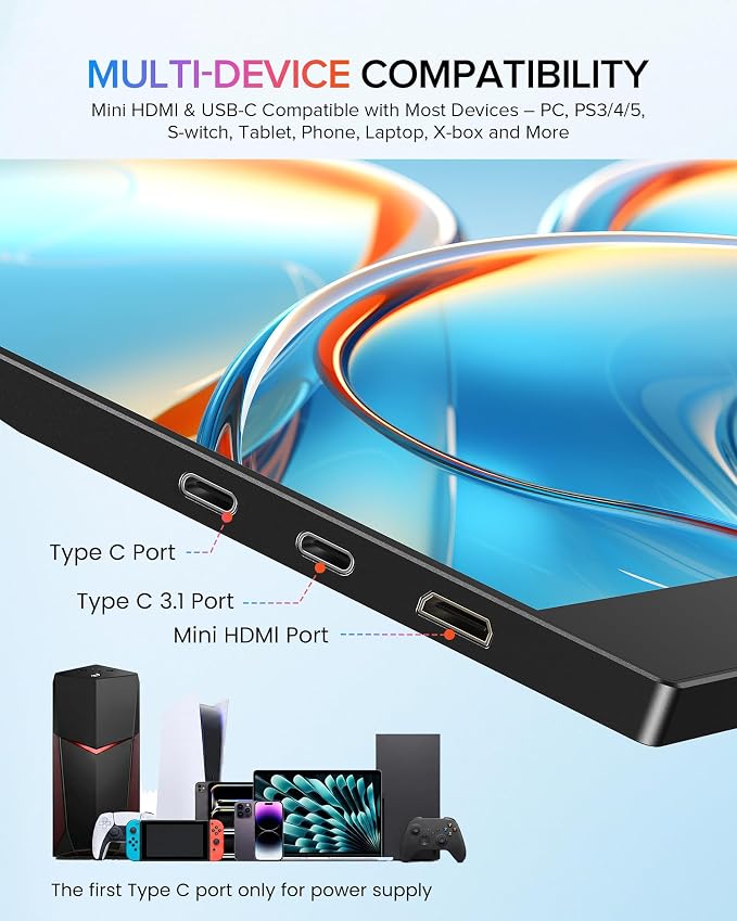 Newsoul Portable Monitor 15.6'' Ultra-Slim Travel Monitor 108%sRGB | 2000:1 Contrast USB C Mini HDMI Plug & Play IPS Monitor Built-in Stand | Speakers External Screen for Laptop Phone Game Console PC