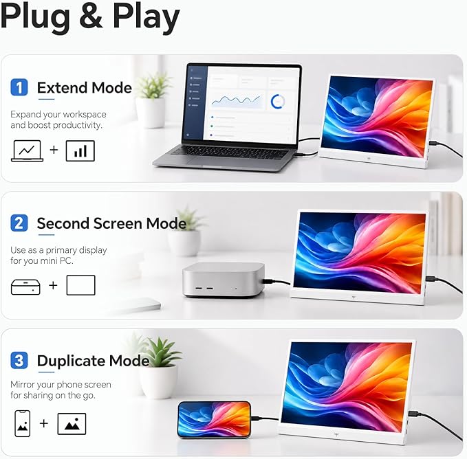 KTC Portable Monitor 15.6 Inch, 1080P FHD USB-C HDMI Laptop Screen for Laptop Phone Mac PS5 Xbox Switch, IPS HDR Travel Second Screen Monitor Extender with Speakers, White, H15F8