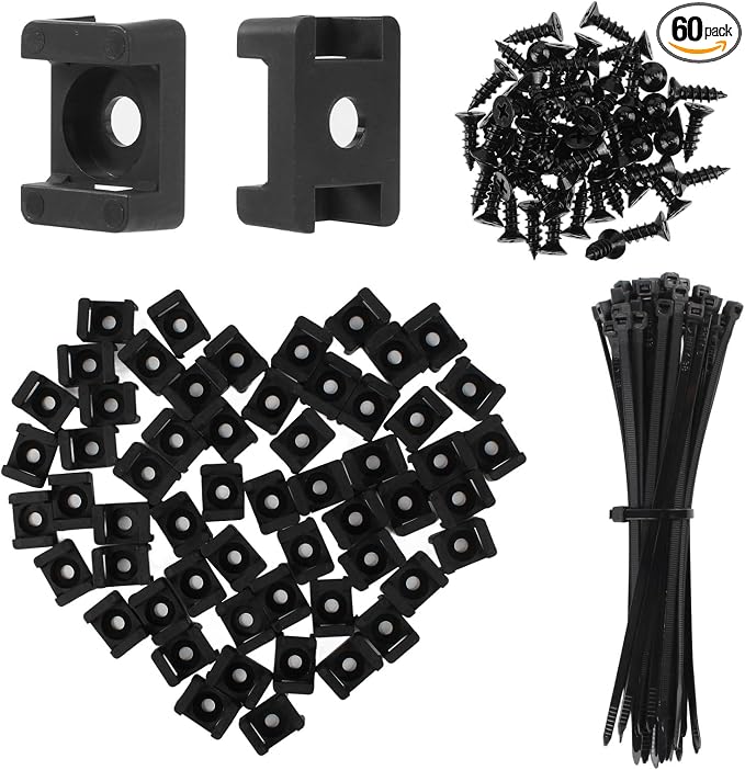 Premium Cable Zip Tie Mounts Kit - 60 Packs Wire Management Holder & Cable Clips, 8" High-Strength Nylon Ties & 5M Screws, Heavy Duty Fasteners for Wall/Desk, Indoor & Outdoor Cable Organizer