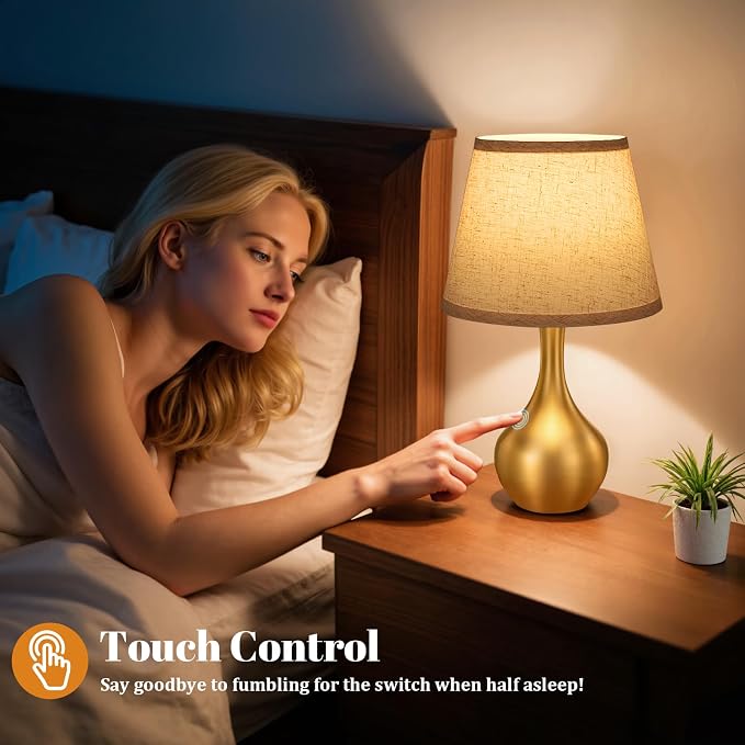 Seealle Touch Table Lamp for Bedroom, 3-Way Dimmable Small Bedside Lamps for Night Stands with Wires, Gold Desk Lamp for Kids Room, Office, Living Room, End Table(LED Bulb Included)