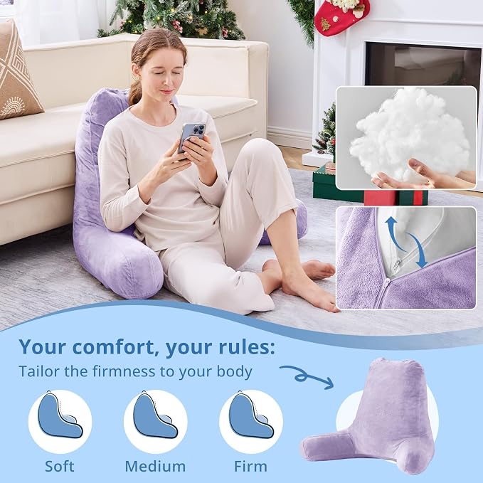 Sasttie 25-inch Reading Pillows for Sitting in Bed Adult, Jumbo Velvet Back Pillow Bed Sitting Up, XL High Back-Rest Support Cushion for Sit Up on Couch & Floor, Oeko-Tex Certified, Lavender