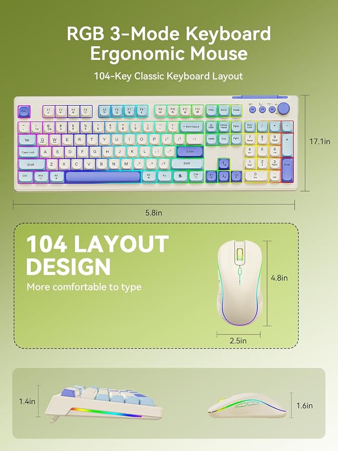 Wireless Keyboard and Mouse Combo, RGB Backlit Rechargeable 2000 mAh Battery, Wireless Computer Keyboards, Tri-Mode Bluetooth/2.4GHz/USB-C Custom Creamy Keyboard, RGB Backlit Media Knob