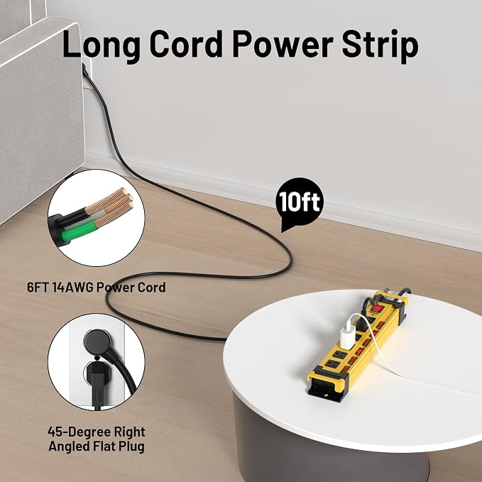 Power Strip Surge Protector 2700J with Individual Switches and Flat Plug, 10FT Heavy Duty Cord 6 Wide Spaced Outlet Mountable Metal Power Strips with Cord Manager and Hanger