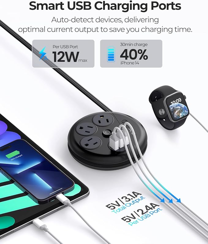 ORICO Travel Power Strip with USB Ports, 4 ft Flat Extension Cord 3 Outlets 3 USB Ports, Portable Flat Plug Outlet Extender for Travel, Cruise Approved - Black