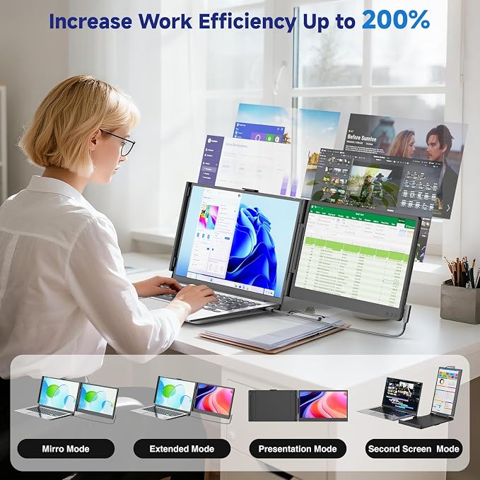 Laptop Screen Extender, 14” FHD 1080P IPS Dual Laptop Monitor Extender, Portable Monitor for 13-17.3” Laptops, Plug & Play Dual Screens for Windows/Mac with USB C/HDMI Port