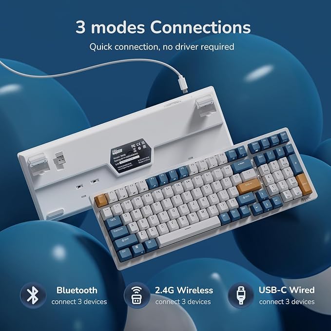 RK ROYAL KLUDGE RK98 Wireless Mechanical Keyboard, Triple Mode 2.4G/BT5.1/USB-C Custom Switches Keyboard with Number Pad, Pre-lubed Linear Switches RGB Backlit Gaming Keyboard, Software Support