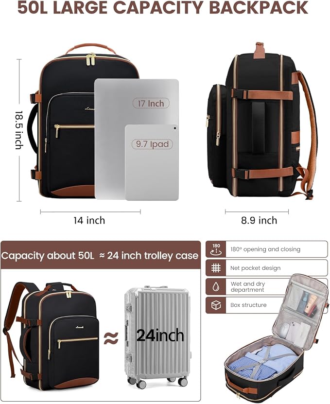 LOVEVOOK 50L Travel Backpack for Women & Men, Airline Approved Carry On Luggage with 3 Packing Cubes, TSA Overnight Bags, Waterproof Personal Item Bag, Weekender Essentials Backpacks fits 17" Laptop