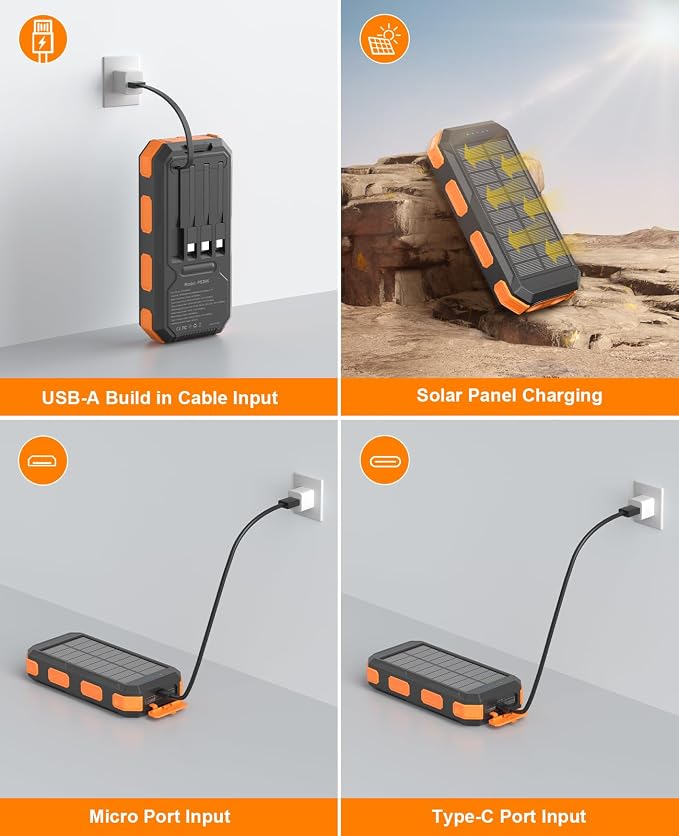 Solar Charger Power Bank 38800mAh, 22.5W USB-C Fast Charging Portable Charger with 4 Built-in Cables, External Battery Pack with Dual LED Emergency Flashlights for Camping, Hiking, Outdoor Use