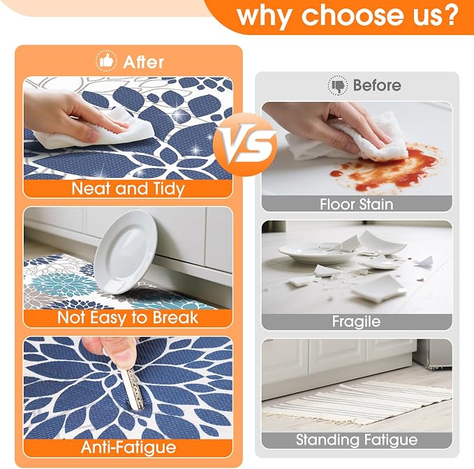 StepLively Kitchen Mats for Floor, 0.47" Anti Fatigue Mats for Kitchen Floor, Kitchen Decor and Accessories Non Slip Washable Mats Set of 2 for Sink, Laundry, 17.3"×30"+17.3"×47", Blue and White