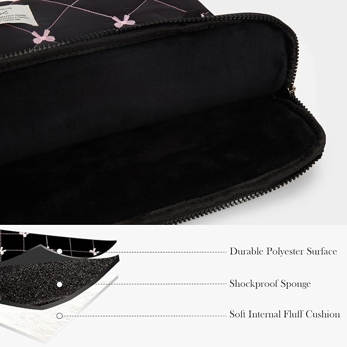 Cute Bow Laptop Case Coquette 13-15 Inch Puffy Laptop Sleeve Accessories Aesthetic Quilted Computer Bag for MacBook (Black, 15-15.6inch)