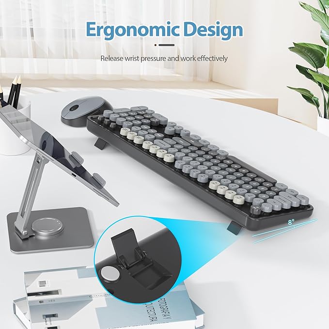 Fogruaden Black Keyboard and Mouse Wireless, Retro Typewriter Keyboard, 2.4GHz 104 Keys Full Size Cute Keyboard with Number Pad, Gradient Colorful Round Keycaps for Windows PC Desktops Laptop