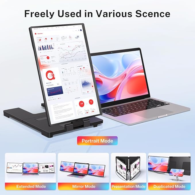 Laptop Screen Extender, 2.5K Triple Laptop Screen Extender Monitor, Plug-Play 360° Rotation Multiple Screens for Laptop Fits 13-17 Inch Compatible with macOS, Windows, Chrome, Dex，Black
