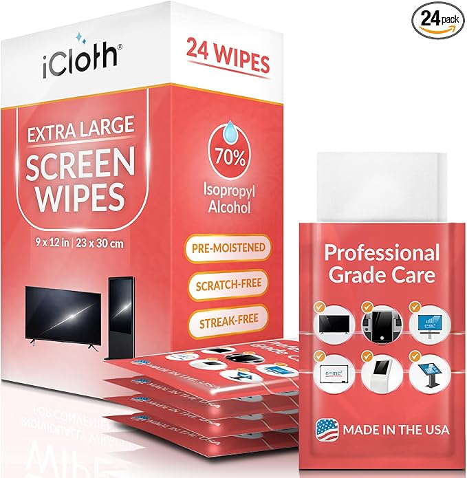 iCloth XL Wipe - 9x12 Inch Electronics Cleaning Wipe, 70% Isopropyl Alcohol, Individually Sealed - Streak-Free, Lint-Free, Restores Optical Clarity - TV, Monitor, Laptop (24 Wipes)