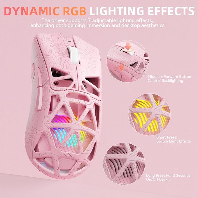 Aula SC620 Wireless Gaming Mouse, Tri-Mode 2.4GHz/USB-C/BT5.3 Computer Mouse with 12000 DPI, Programmable Macro Gamer Mouse with Rapid Fire Key, RGB Light Gaming Mice for PC/Laptop/Mac (Line Pink)