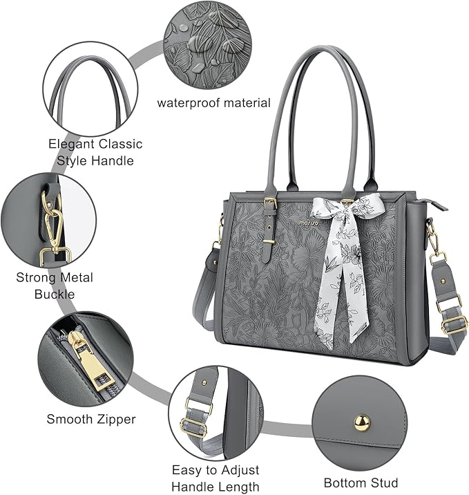MOSISO Laptop Bag for Women, 17-17.3 inch PU Leather Tote Bag Compatible with MacBook, HP, Dell, Asus Notebook, Front Embossed Retro Hibiscus Computer Bags with Silk Scarf&Clutch Purse, Gray