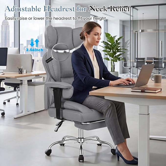 DUMOS Big and Tall Home Office Desk Chair, Gaming Computer Chair, Executive Ergonomic Chair with Footrest, High Back Reclining, Adjustable Armrests and Comfy Lumbar Support, PU Leather, Grey