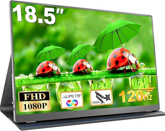 18.5 Inch Portable Monitor, FHD 120Hz IPS HDR 125% sRGB USB-C HDMI External Travel Monitor with Built-in Speakers, VESA Compatible for Laptop MacBook PC Surface PS5 Xbox