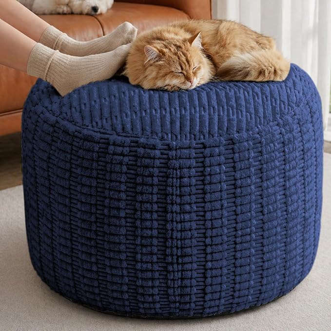 Large Round Pouf Ottoman Stuffed Corduroy Poufs Foot Rest with Foam Filling Fluffy Pouf Storage Ottoman Relax Stool for Living Room Couch 26 X 18 Inches, Blue