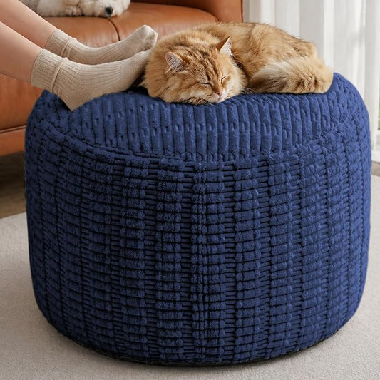 Large Round Pouf Ottoman Stuffed Corduroy Poufs Foot Rest with Foam Filling Fluffy Pouf Storage Ottoman Relax Stool for Living Room Couch 26 X 18 Inches, Blue