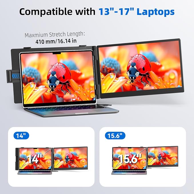 ROYY 14.2" Laptop Screen Extender, Portable Laptop Monitor 180° Rotation, FHD 1080P IPS Dual Screen, One Cable Plug & Play, Extra Compatible with Windows/Mac/Android/Switch/PS Fits 13"-17" Laptops