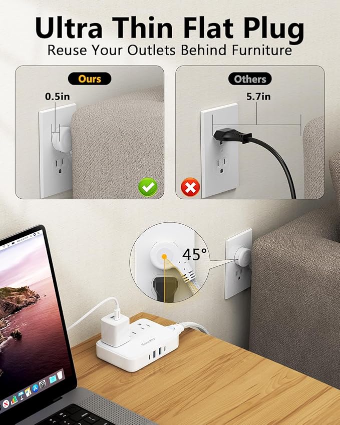 Innovative Power Strip, Cord Removable Design (4FT), Huntkey 3 Outlets Non Surge for Cruise, Travel Power Strip with 4 USB Ports (2 USB-C, 2 USB-A), ETL Listed