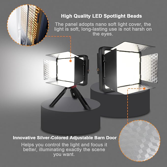 LED Video Light with Barn Door, 4400mAh Rechargeable Battery×2, 3200-6500K CRI 96+ Adjustable Panel Light for Outdoor Photography/Live Broadcast Shooting/Indoor Recording Fill Light/Video Conferencing