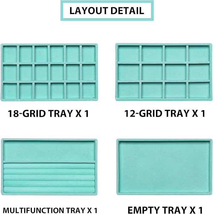 Frebeauty Jewelry Organizer Tray,Stackable Velvet Jewelry Trays,Drawer Inserts Earring Organizer For Women Jewelry Storage Display Case for Rings Stud Necklaces,Set of 4(Turquoise)