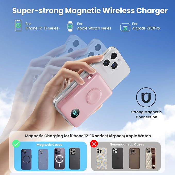 6 in 1 Magnetic Portable Charger for iPhone with Built-in Cables, 10800mAh 25W PD Fast Charging Power Bank, 6 Outputs Travel Essential Battery Pack for iPhone 17/16/15/14/13/12,Apple Watch (Peach)